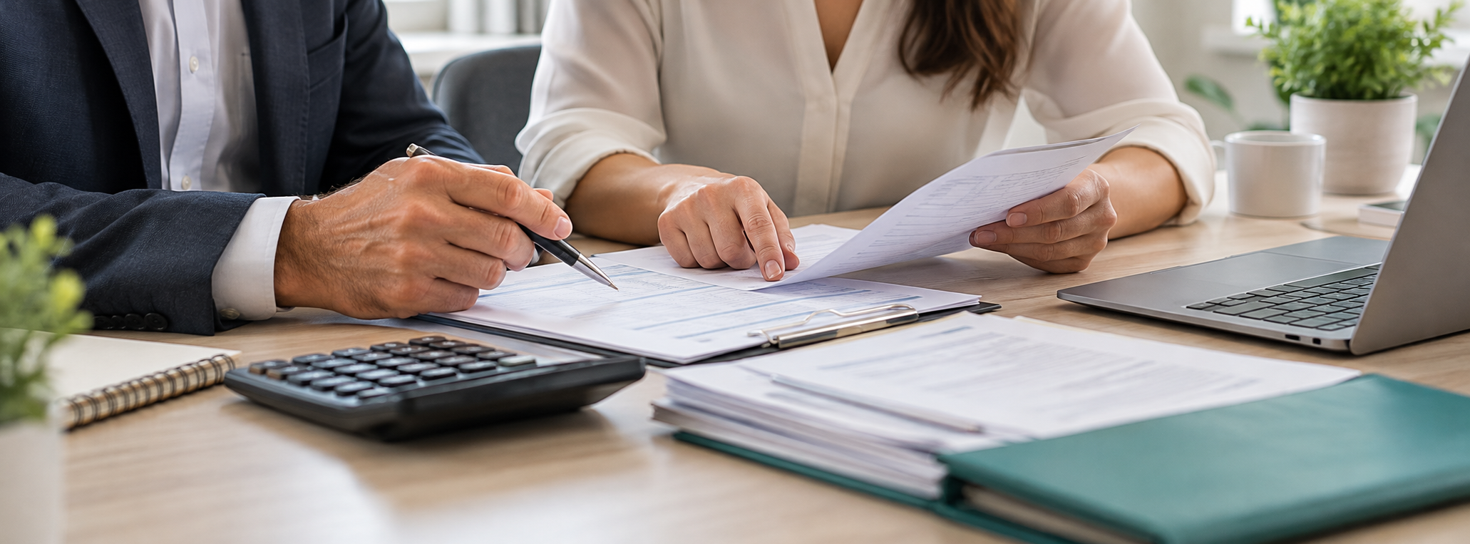 Calculator, financial documents and laptop on an accounting workspace