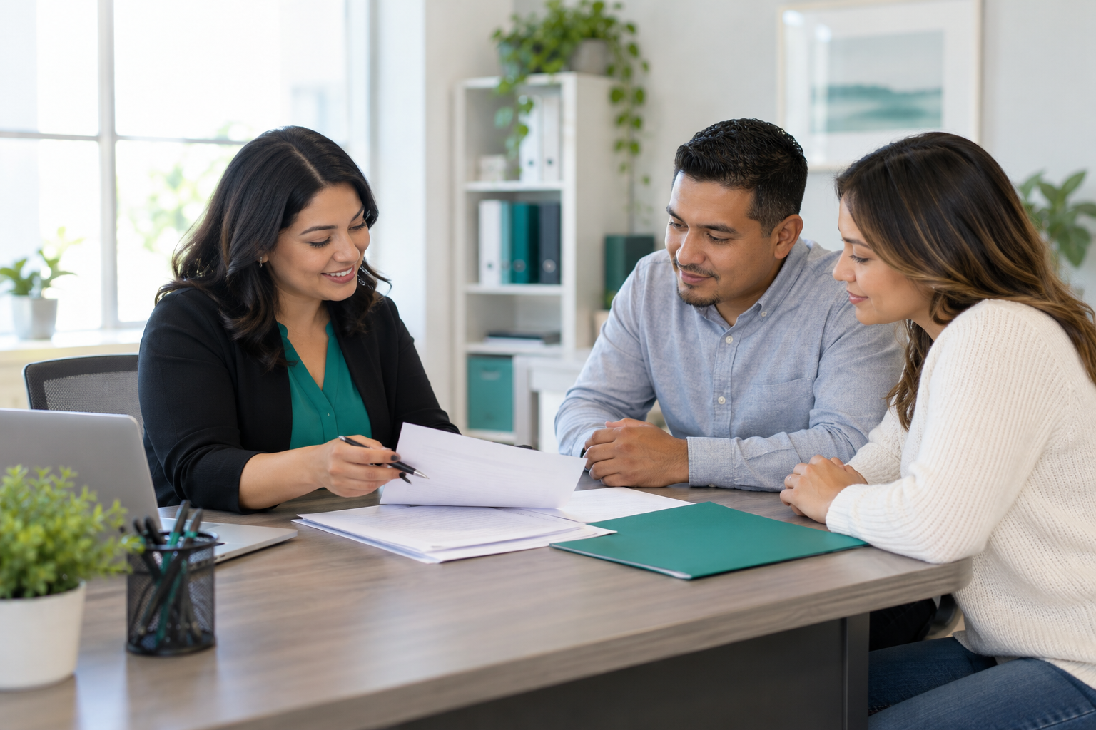 Office specialist helping clients organize immigration paperwork